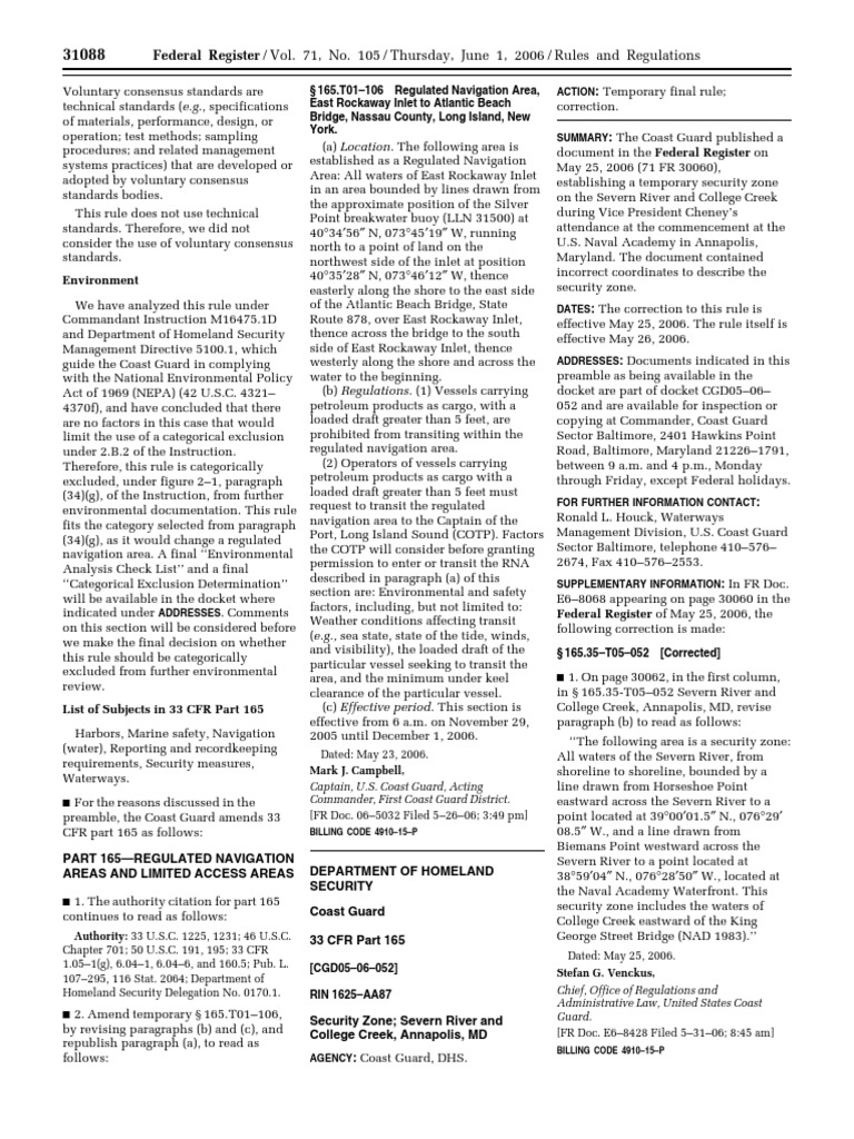 Rule Ports and Waterways Safety Regulated Navigation Areas, Safety
