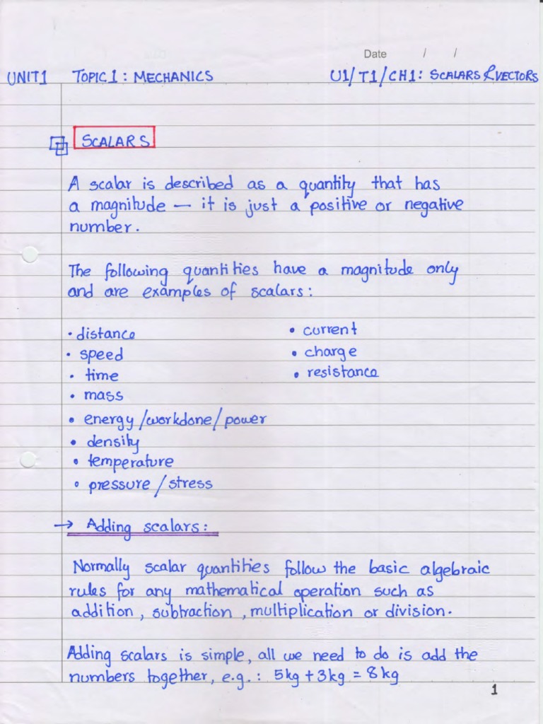 Unit 1 Notes Scalars and Vectors PDF