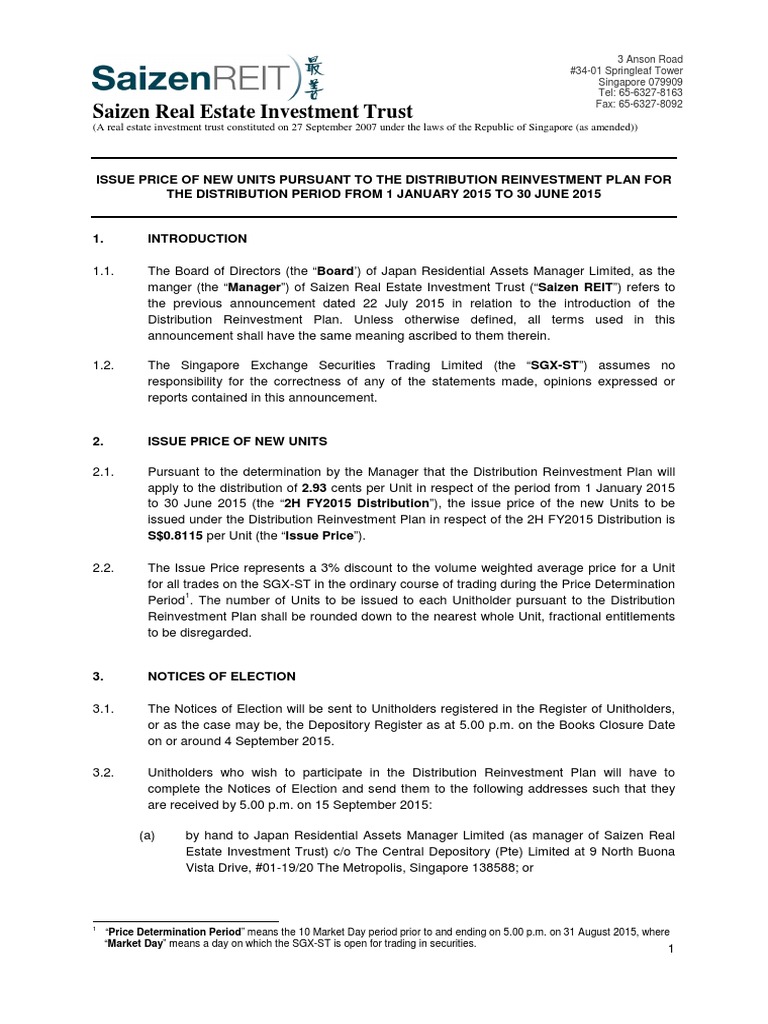 Issue Price of New Units | PDF | Real Estate Investment Trust ...