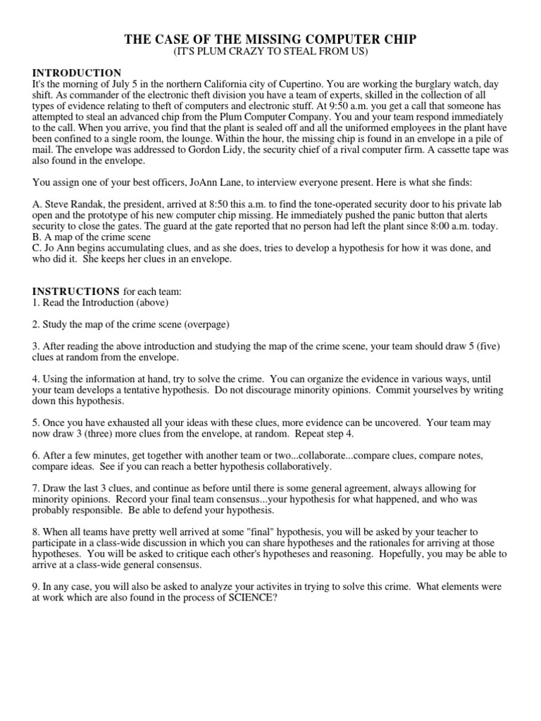 Ccase of Missing Computer Chip Activity Student Handout 1 PDF