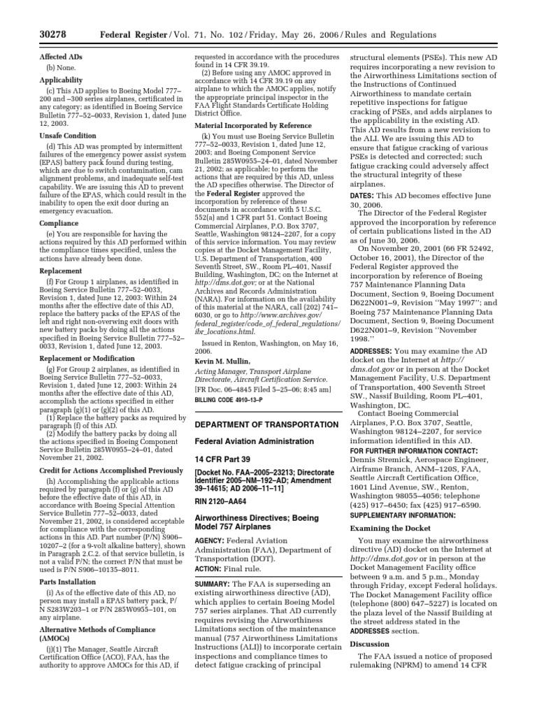 EPAS Battery Pack Replacement AD for 777 | PDF | Federal Aviation ...