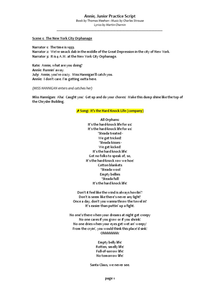 Annie Script Pdf Pdf Annie Musical Entertainment General