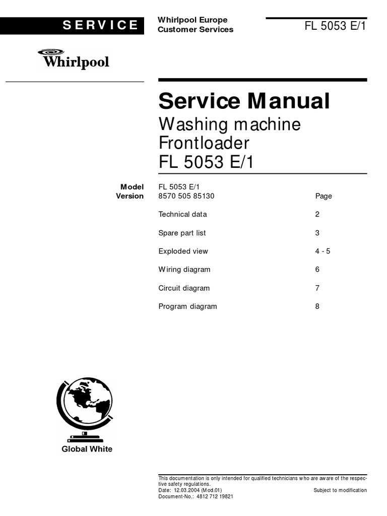 Service Manual for Whirlpool Front Loading Washing Machine Model FL