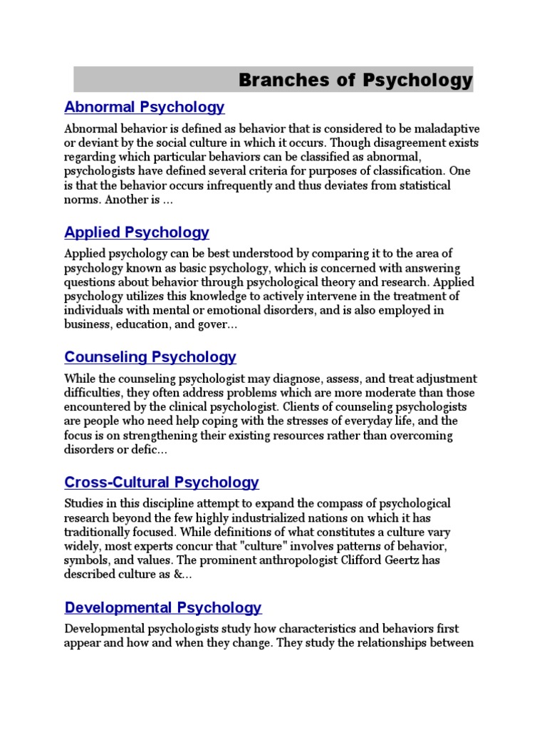 Branches of Psychology | PDF | Psychotherapy | Sociobiology