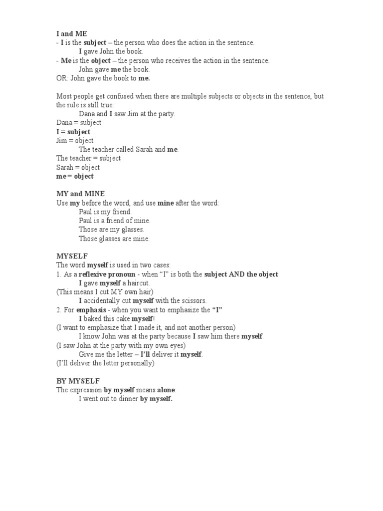 I Me My Mine Myself Differences Pdf Grammar Syntax