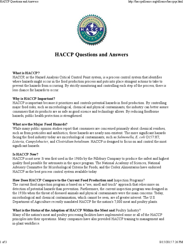 HACCP Questions and Answers Food Politics Hazard Analysis And