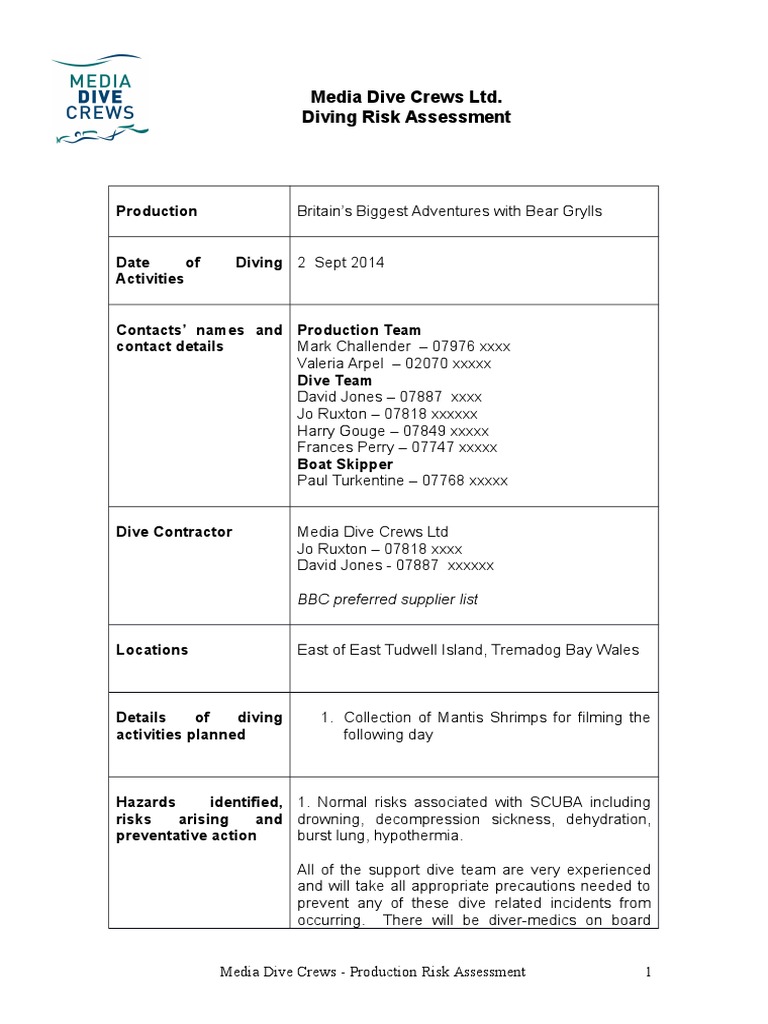 Media Dive Crews Ltd. Diving Risk Assessment Production PDF Scuba Diving Underwater Diving