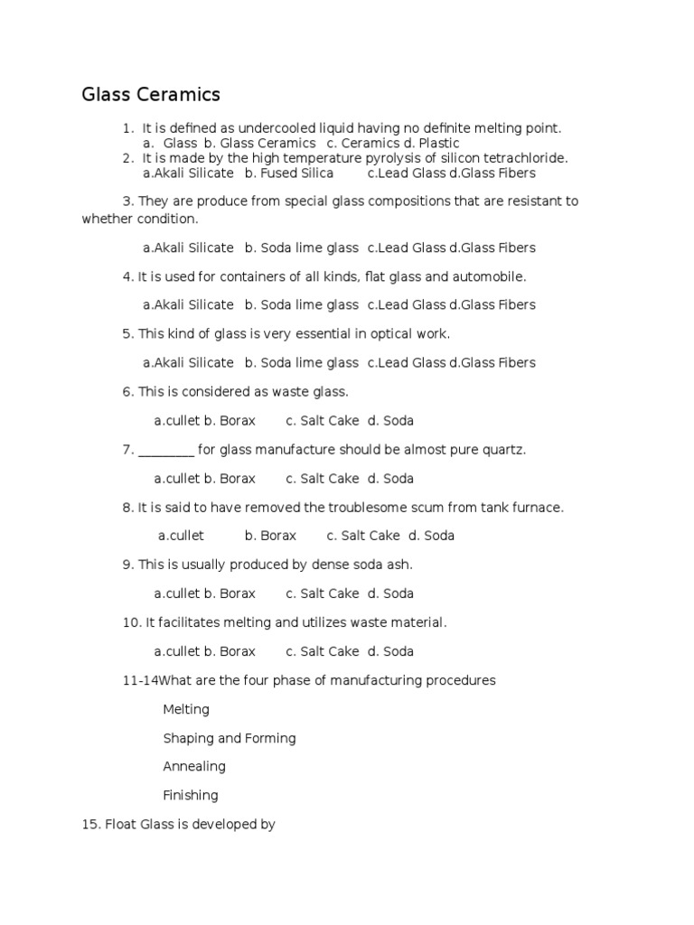 Glass Ceramics Quiz PDF Glasses Silicon Dioxide