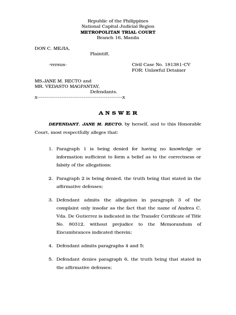 Answer Unlawful Detainer PDF Lawsuit Complaint