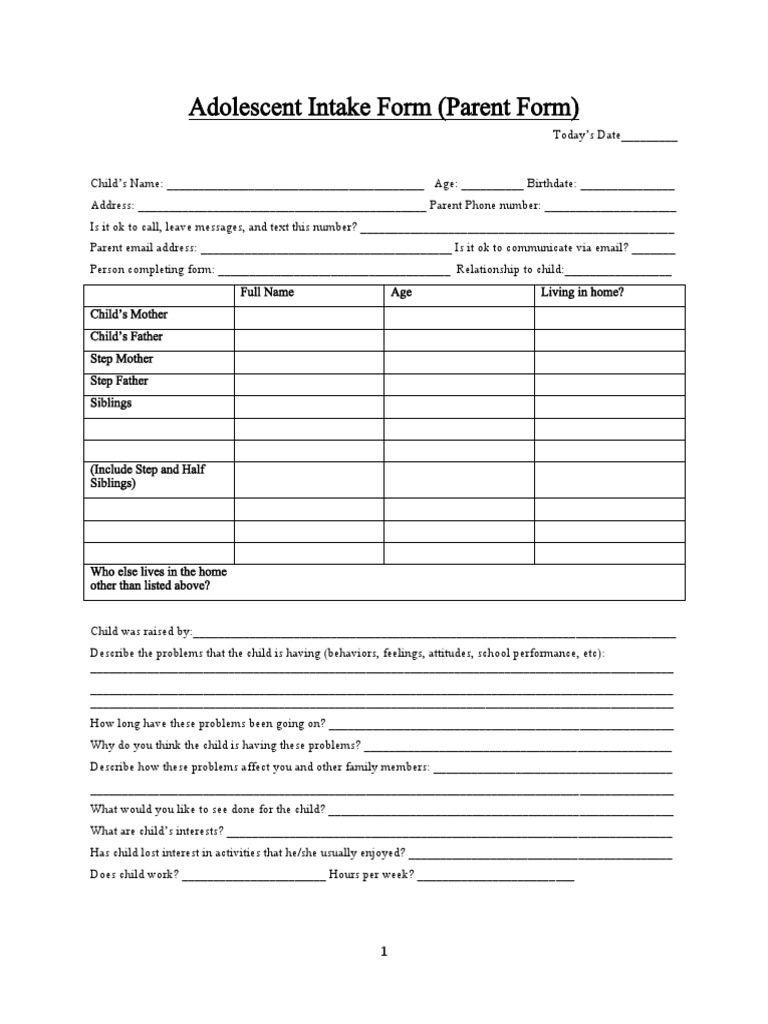 Adolescent Intake Form for Parents | PDF | Wellness | Lifestyle