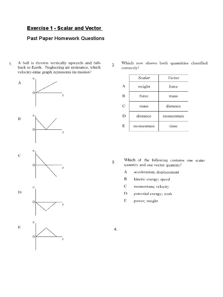 Past Paper Homework Questions: Exercise 1 - Scalar and Vector | PDF