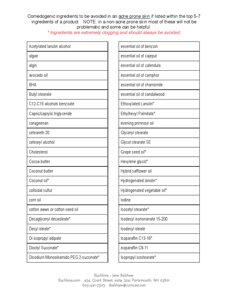 Comedogenic Ingredient List Euchlora PDF PDF Chemical Compounds