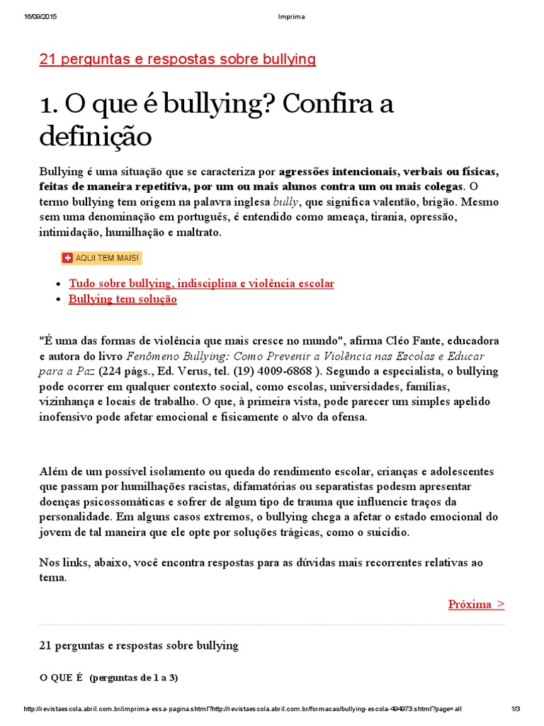21 Perguntas e Respostas sobre Bullying | PDF | Assédio moral/bullying ...