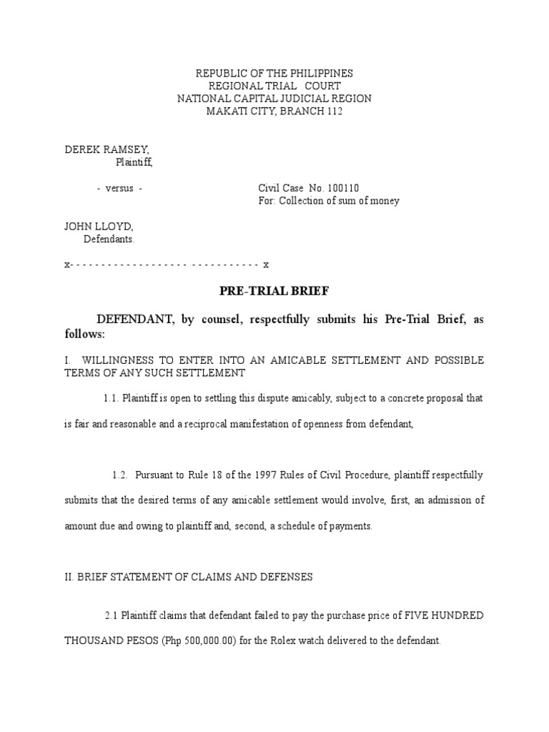 Pre-Trial Brief for Civil Case 100110 | PDF