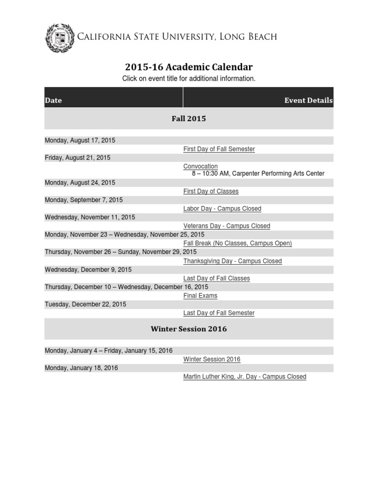 Csulb Academic Calendar PDF