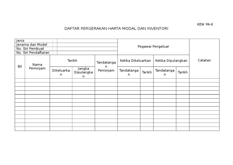 Kew Pa 6 Daftar Pergerakan Harta Modal Dan Inventori Pdf