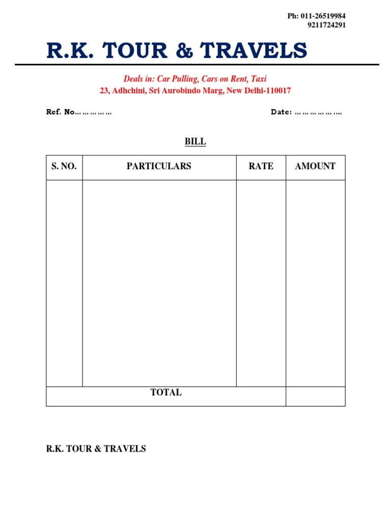 R.K. Tour & Travels: Bill S. NO. Particulars Rate Amount | PDF
