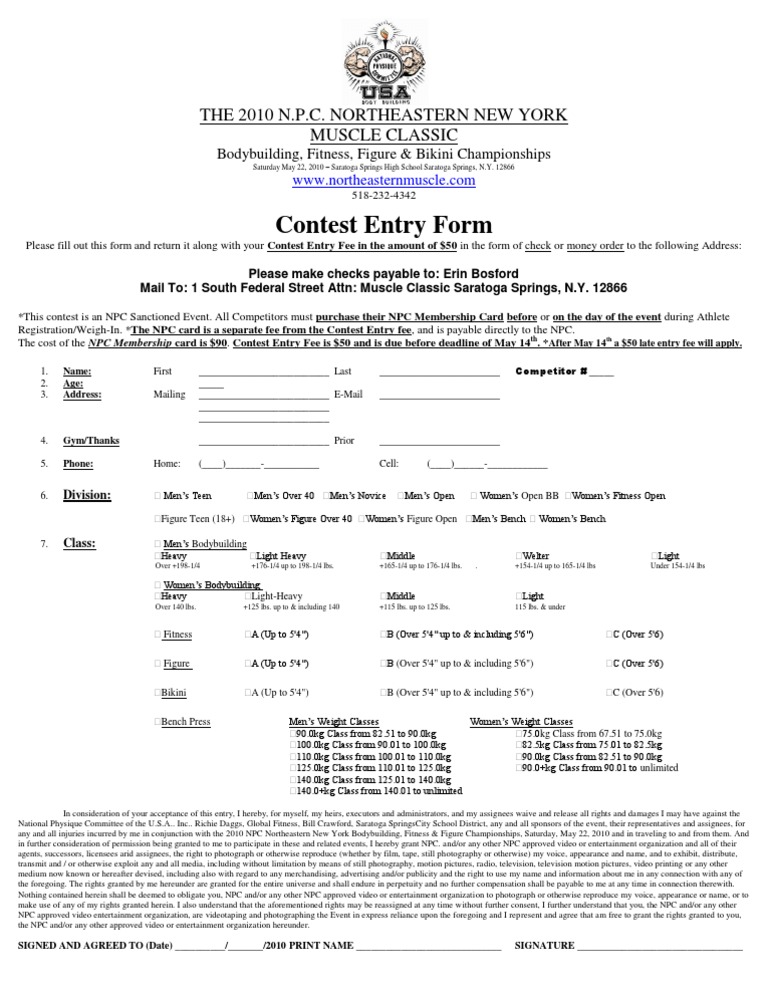 2010 NPC N.E. N.Y. Competitor Contest Entry Application Word 03 | PDF ...