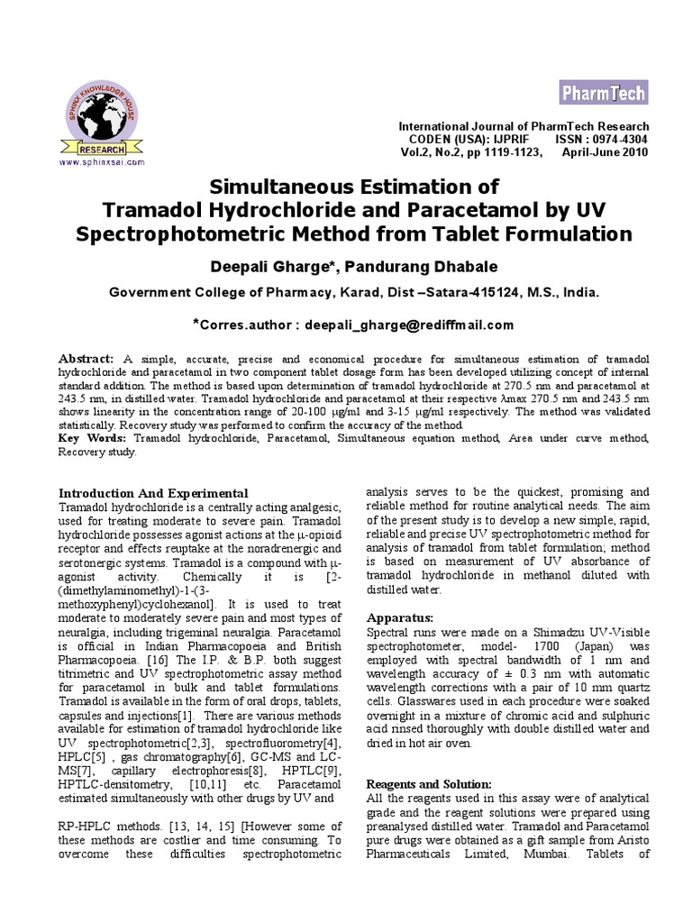 UV Method for Tramadol and Paracetamol | PDF | Spectrophotometry | High ...