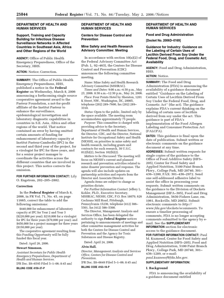 Notice Reports and Guidance Documents Availability, Etc. Lecithin Derived From Soy Labeling of