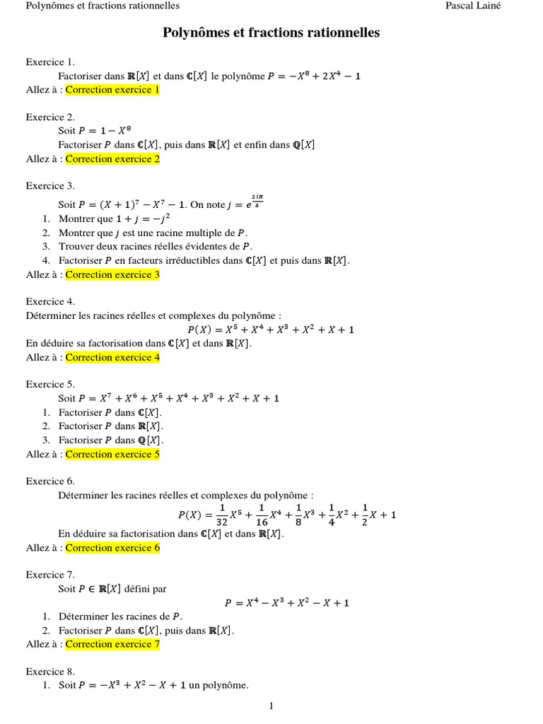 Fraction 4ème Exercice Corrigé Pdf Exercices Corriges Polynomes Fractions Rationnelles | PDF