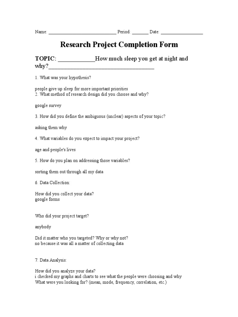 Sleep Priorities Research Project Form | PDF