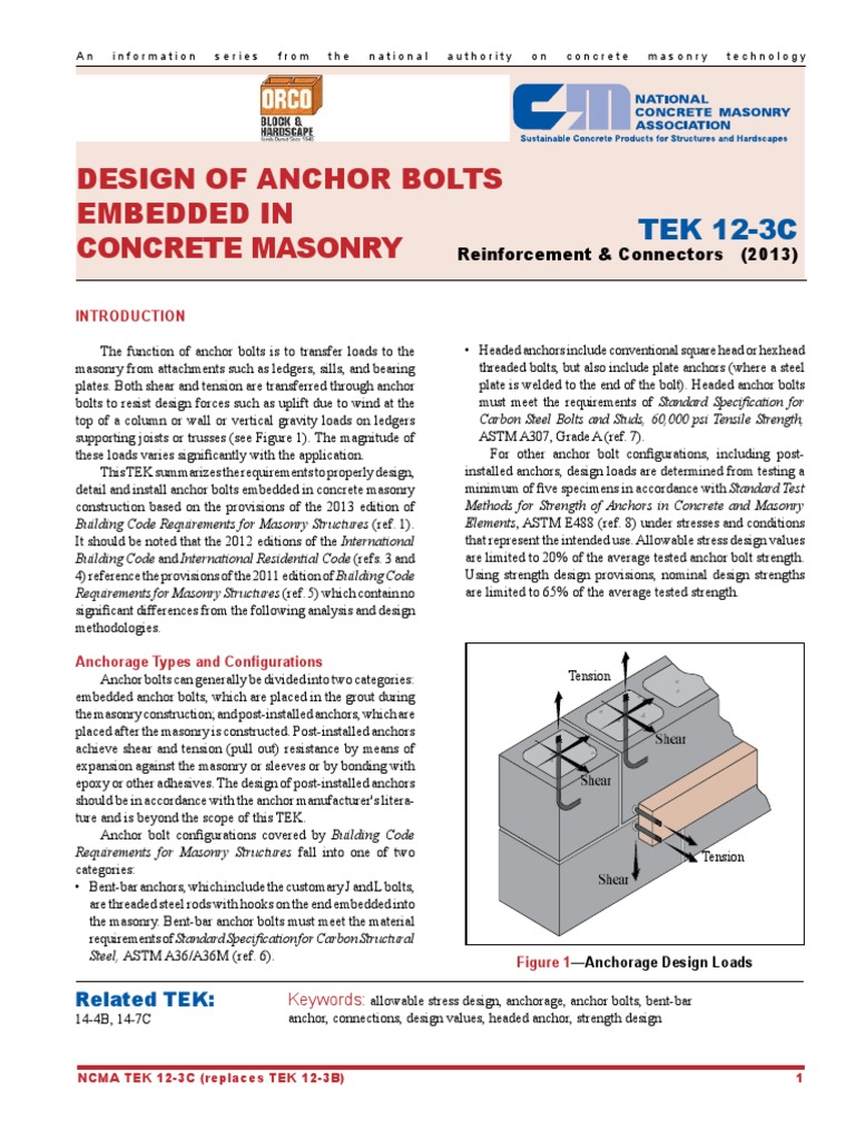 Design of Anchor Bolts Embedded in Masonry PDF Strength Of