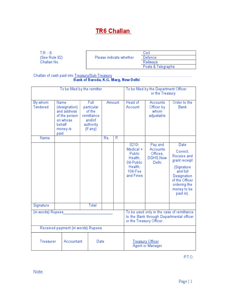 TR6 Challan Bank of Baroda, K.G. Marg, New Delhi PDF