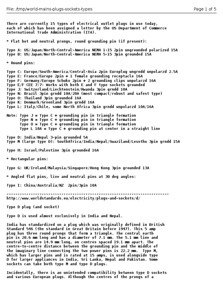 World AC Mains Plugs and Sockets Types PDF Ac Power Plugs And