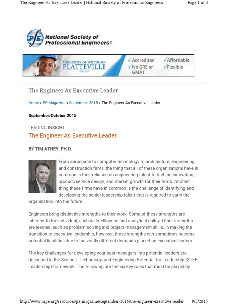PE Engr As Ex Leader Sep15 | PDF | Engineer | Leadership