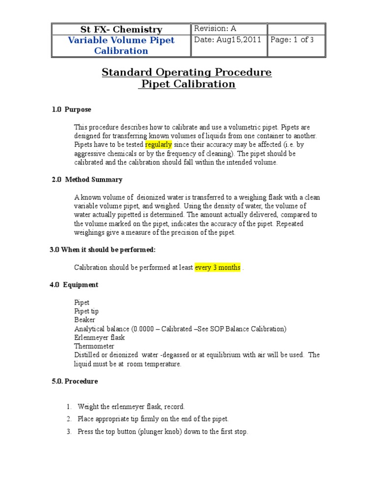 Sop For Using Micro Pipet In Lab Calibration Chemistry