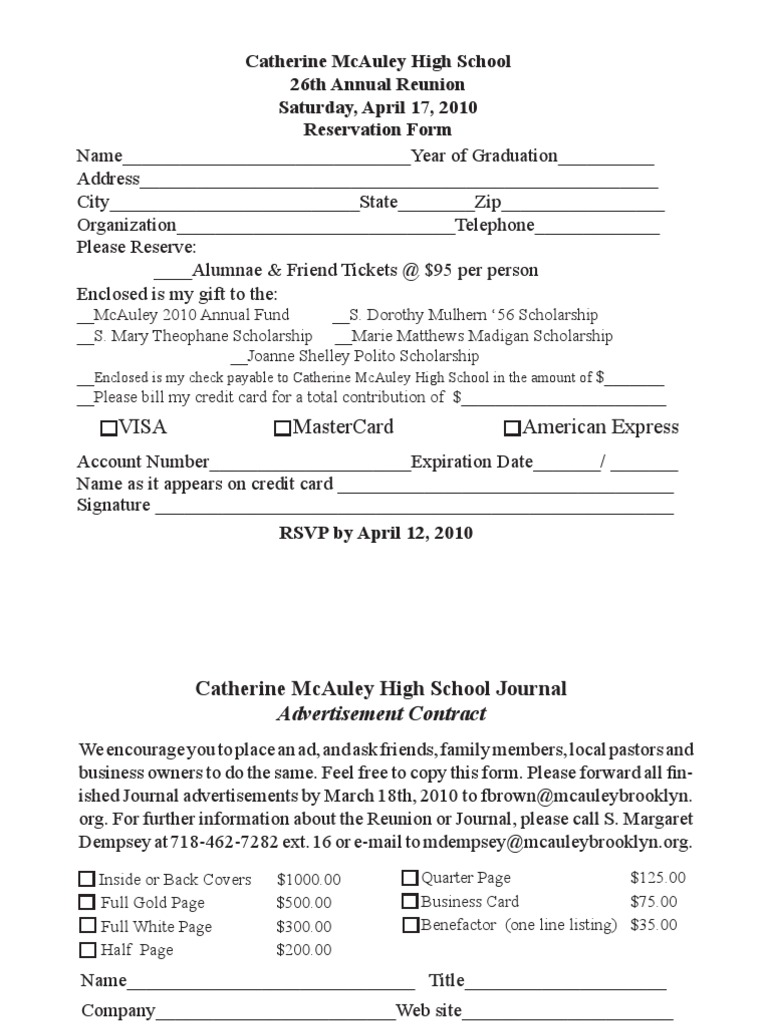 Catherine McAuley High School Reunion Form | PDF