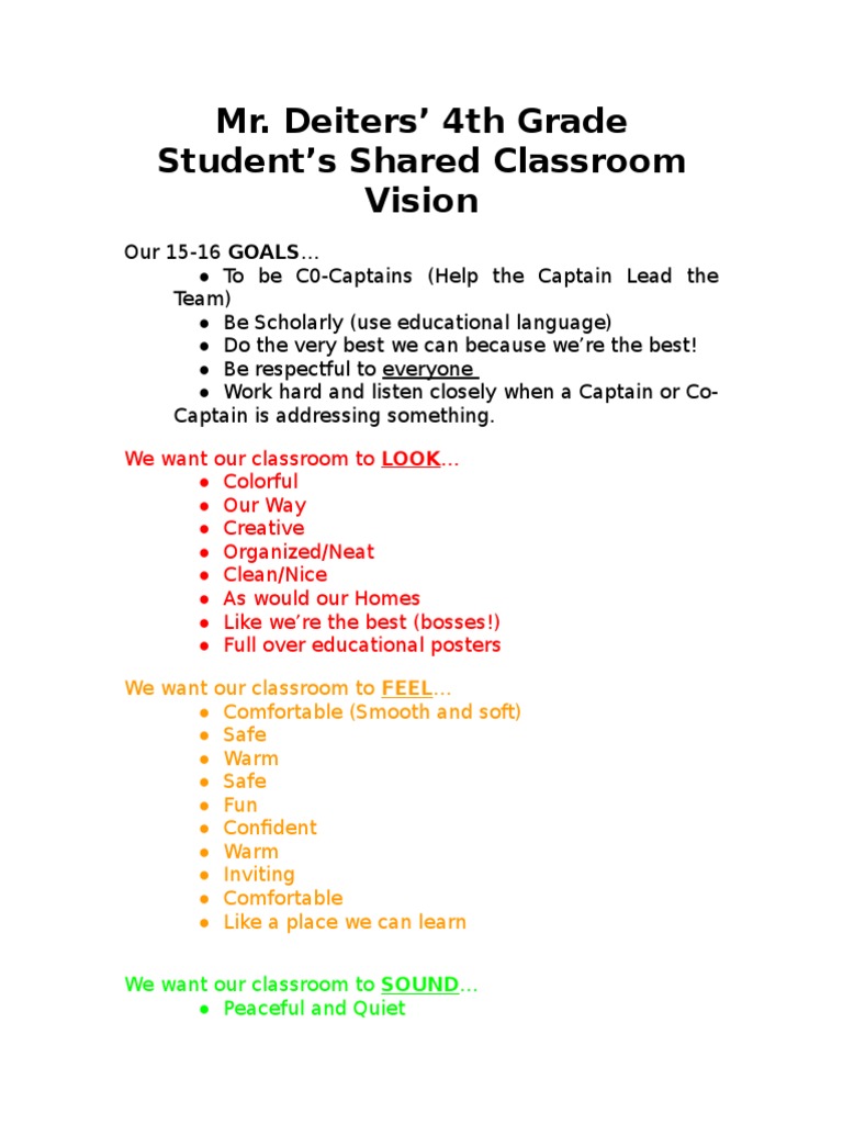4th Grade Classroom Vision and Goals | PDF | Language Arts & Discipline