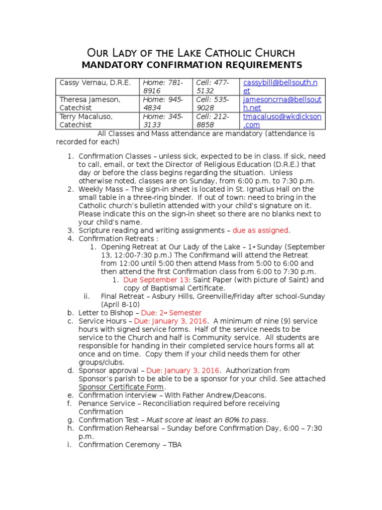 Confirmation Requirements at Our Lady of the Lake | PDF