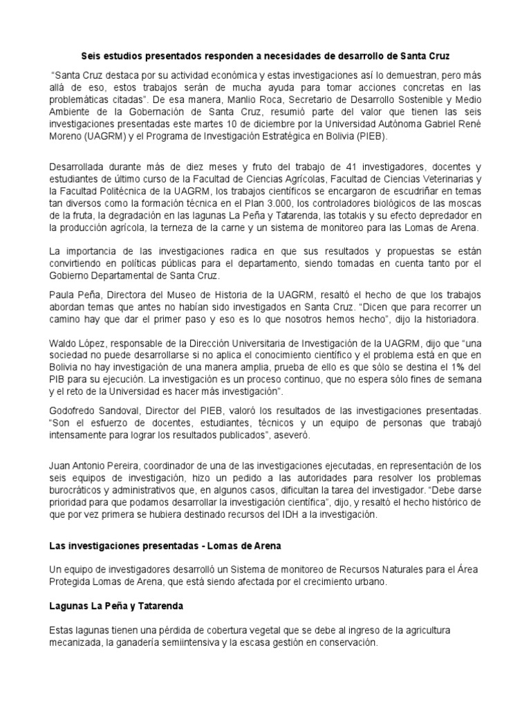 Investigaciones para el desarrollo de Santa Cruz | PDF | Bolivia ...