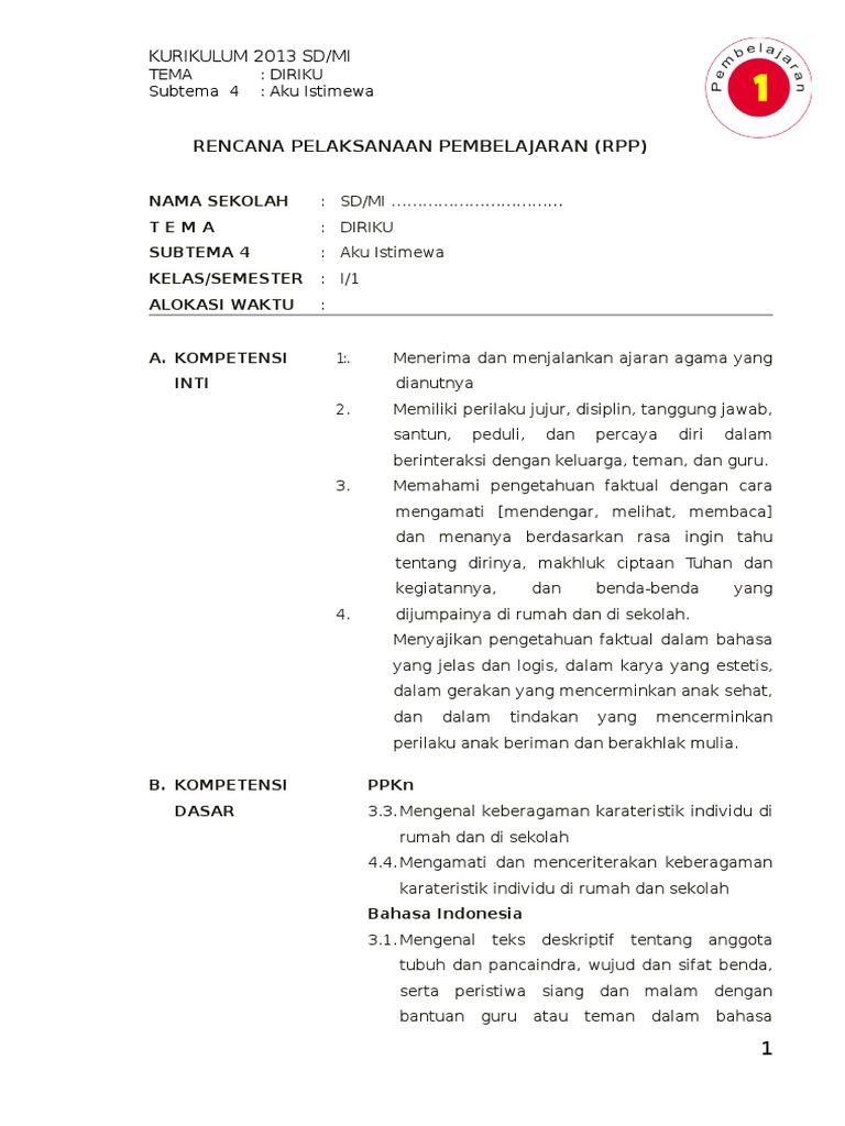 Rpp Bahasa Indonesia Kelas 1 Semester 1 Sk 1 Kanal Jabar