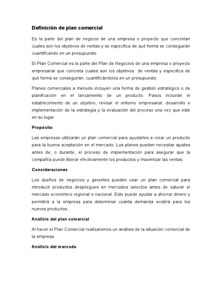 Definición de plan comercial  Mercado (economía)  Presupuesto