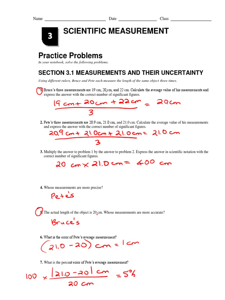 Chapter 3 Practice Problems Key Pdf Significant Figures Measurement