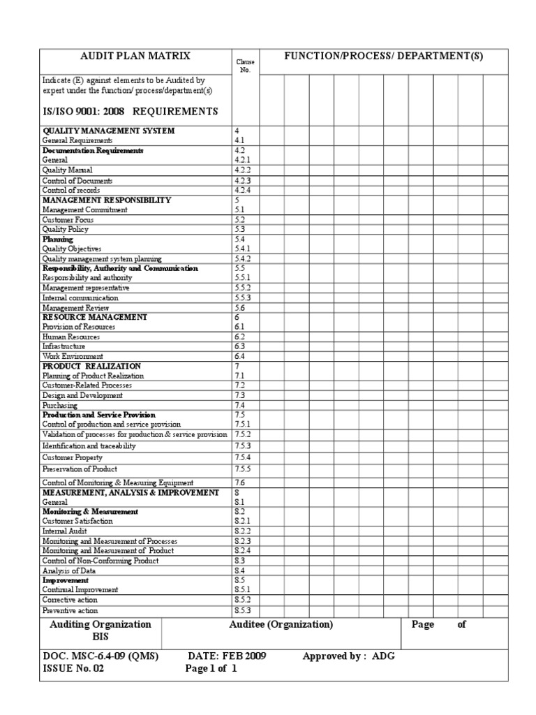 ISO 9001:2008 Audit Plan Matrix | PDF