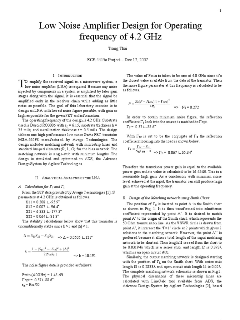 Low Noise Amplifier Design at 4.2 GHz | PDF | Amplifier | Field Effect ...
