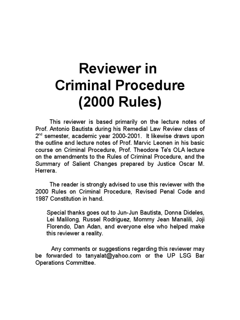 Table of Contents, Crim Pro Reviewer 2000 | PDF | Arraignment | Plea