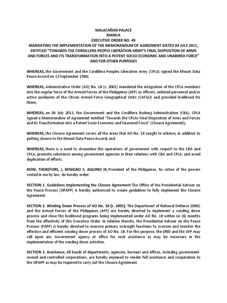 Executive Order No. 49 PDF Official Documents Public Sphere