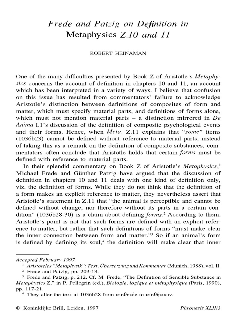 Heinaman, Frede and Patzig On Definition in Metaphysics Z 1011 PDF Aristotle Substance Theory