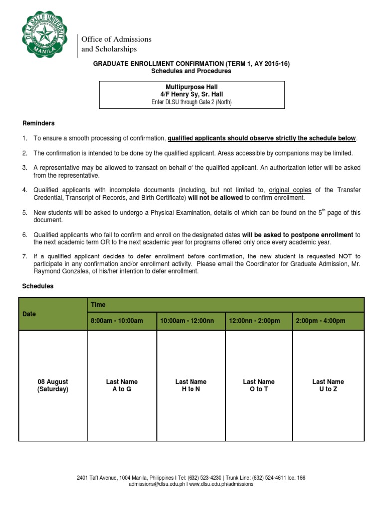 DLSU Graduate Enrollment Confirmation Guide | PDF | Travel Visa ...