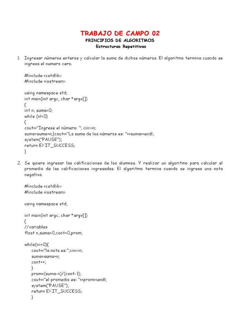 Algoritmos para Cálculos Básicos en C++ | PDF | Algoritmos | Informática