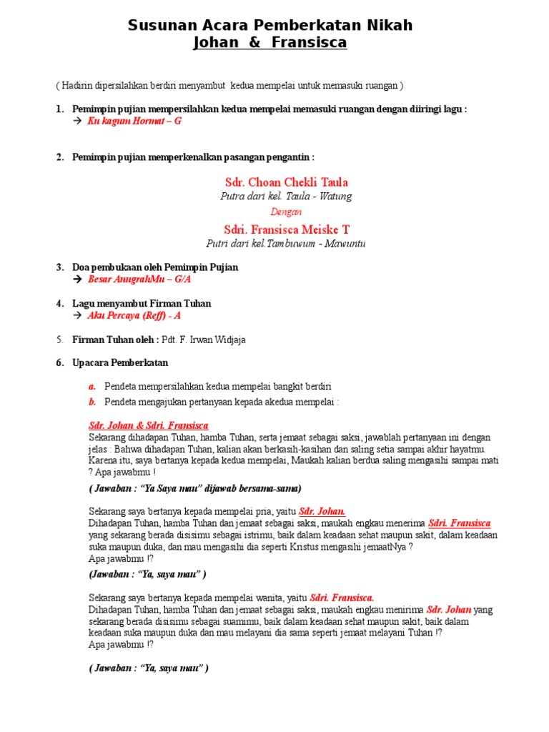 Rundown Acara Pernikahan Kristen Dengan