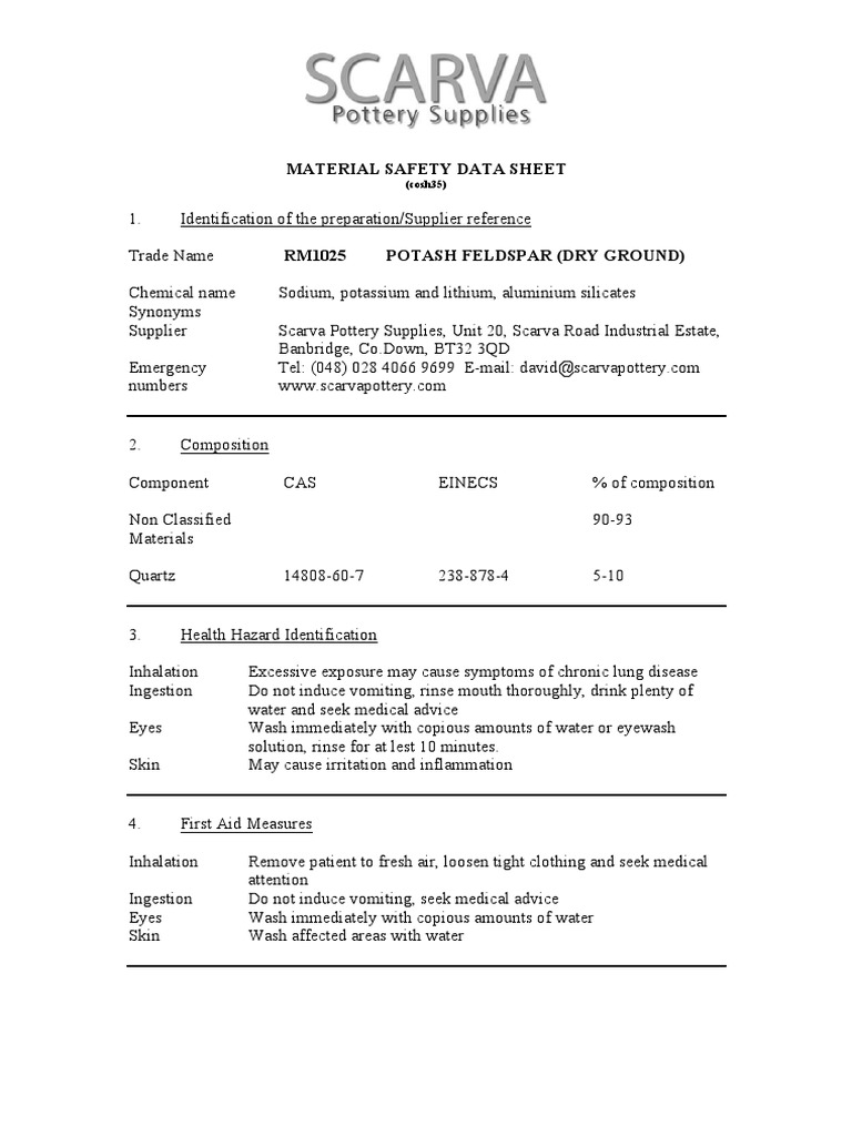 Msds Potash Feldspar PDF Occupational Safety And Health Safety