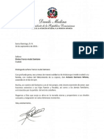 Carta de Condolencias Del Presidente Danilo Medina A Divina Franco Viuda Damiano Por Fallecimiento de Su Esposo, Antonio Damiano Milano