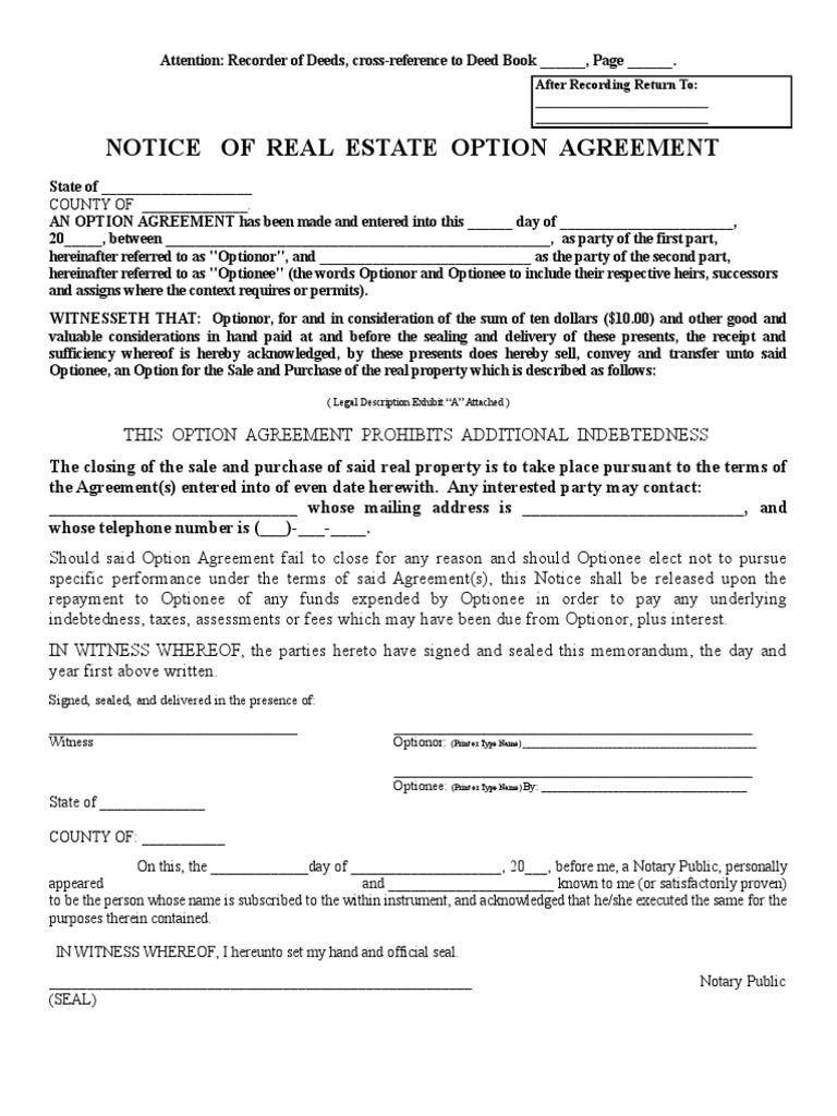 Real Estate Option Agreement Template | PDF | Deed | Notary Public