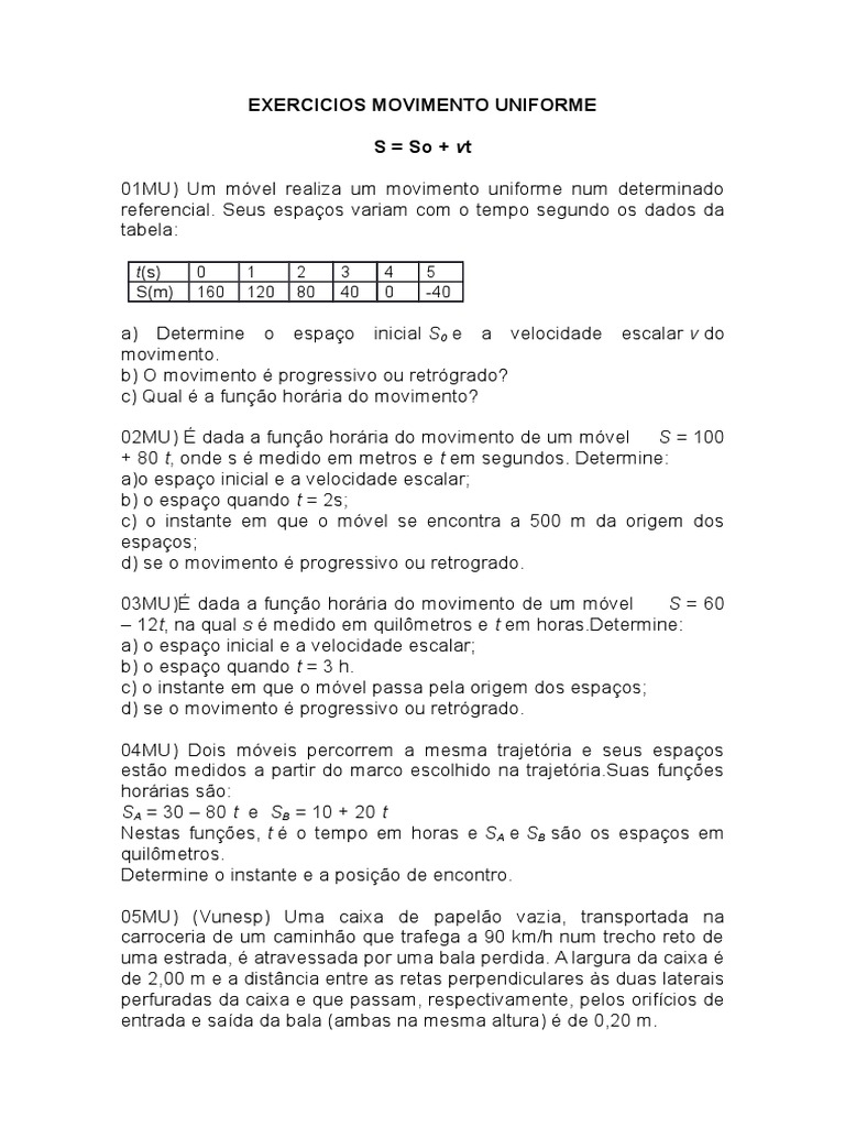 Exercícios sobre Movimento Uniforme | PDF | Velocidade | Velocidade